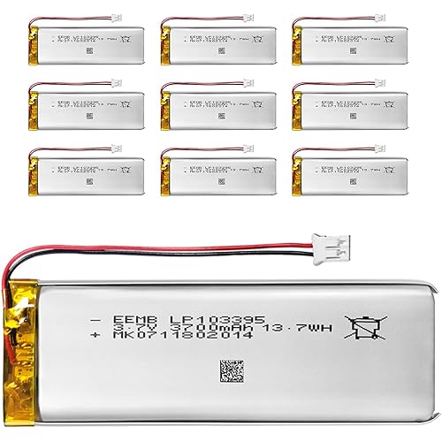 10X EEMB 3.7V Lipo Battery 3700mAh 103395 Rechargeable Lithium Polymer ion Battery Pack with JST Connector (UL Certified for Cell) Make Sure Device Polarity Matches with Battery Before Purchase!!!