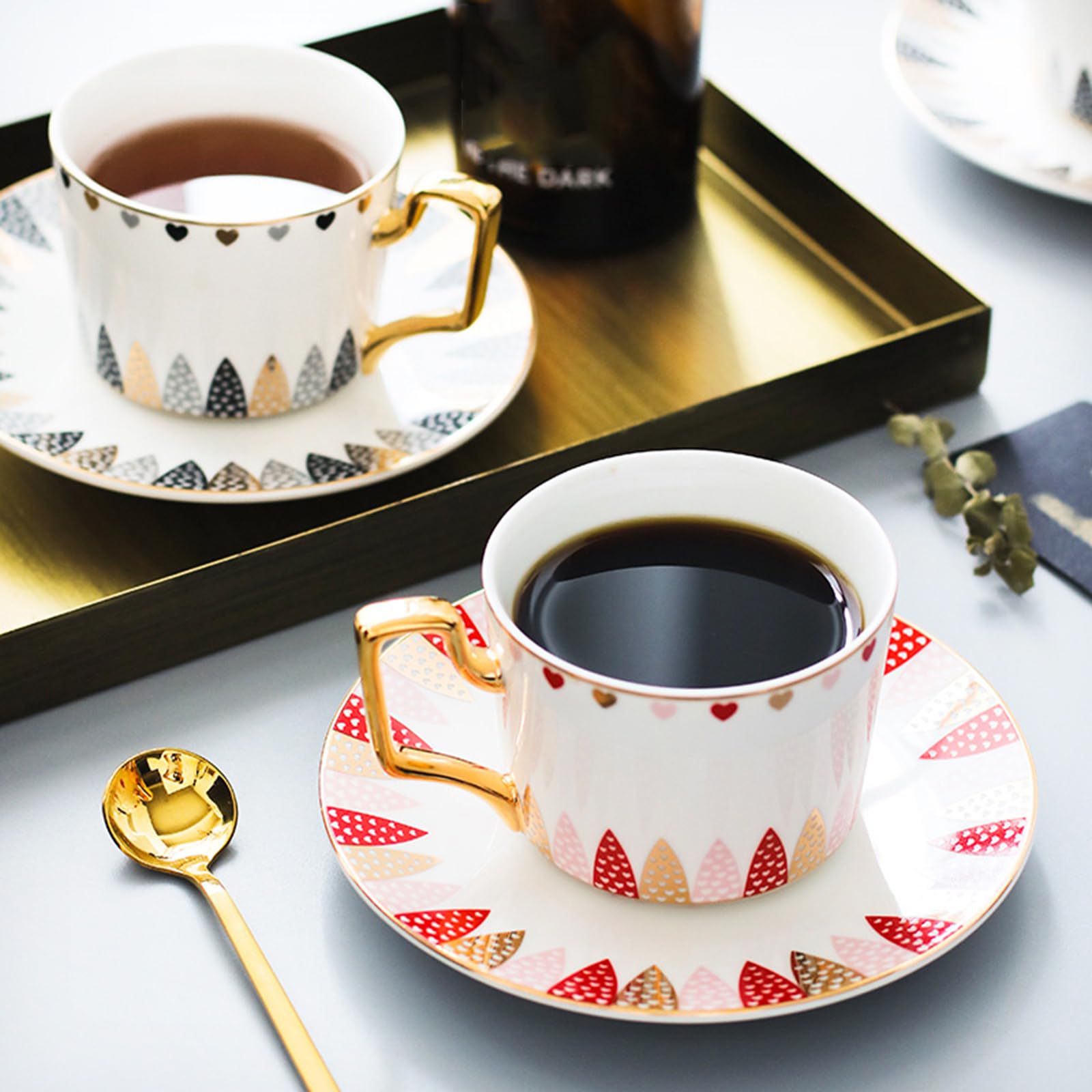 Juego de tazas de café y platillo, tazas de porcelana con estampado animal para capuchino, té, espresso, tazas de café coloridas para uso doméstico y de oficina, juego de 6 piezas