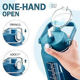 kytffu 42oz Glass Water Bottles with Straw, Motivational Glass Bottle with Silicone Sleeve and Time Marker, Leakproof Large Glass Water Jug for Gym Home Office,Iron Blue