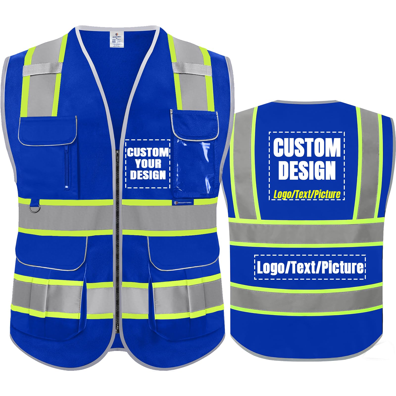 BeautyWill Custom Logo Safety Vest 8 Pockets Class2 ANSI Certified High Visibility Reflective Vest for Men - Personalized Logo Heavy-Duty Work Vest（