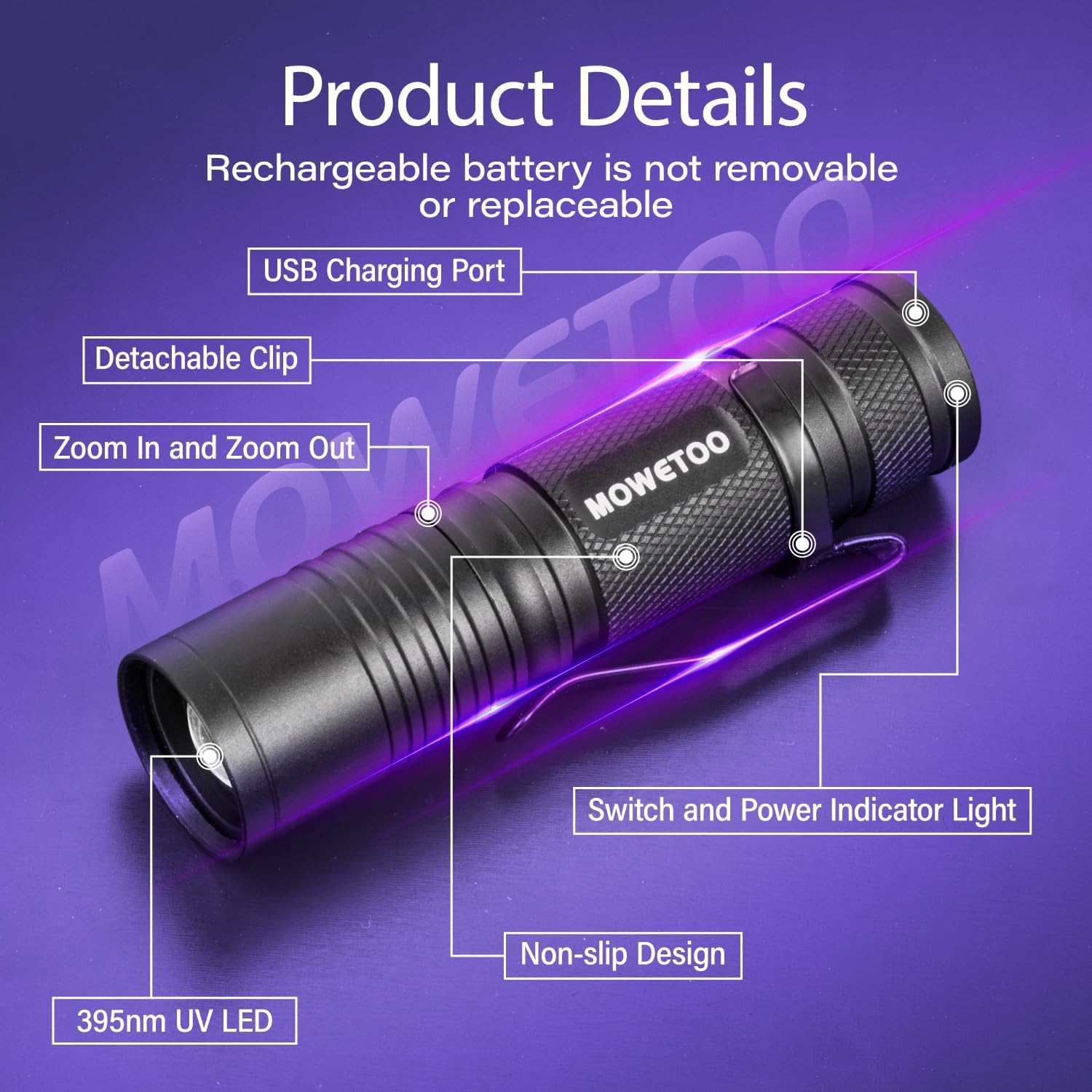 MOWETOO UV Torch Rechargeable - Mini LED UV Lamp Black Light Flashlight, 395nm Zoomable Ultraviolet Light Torch for Pet Urine Testing, Banknote Inspection — view 5
