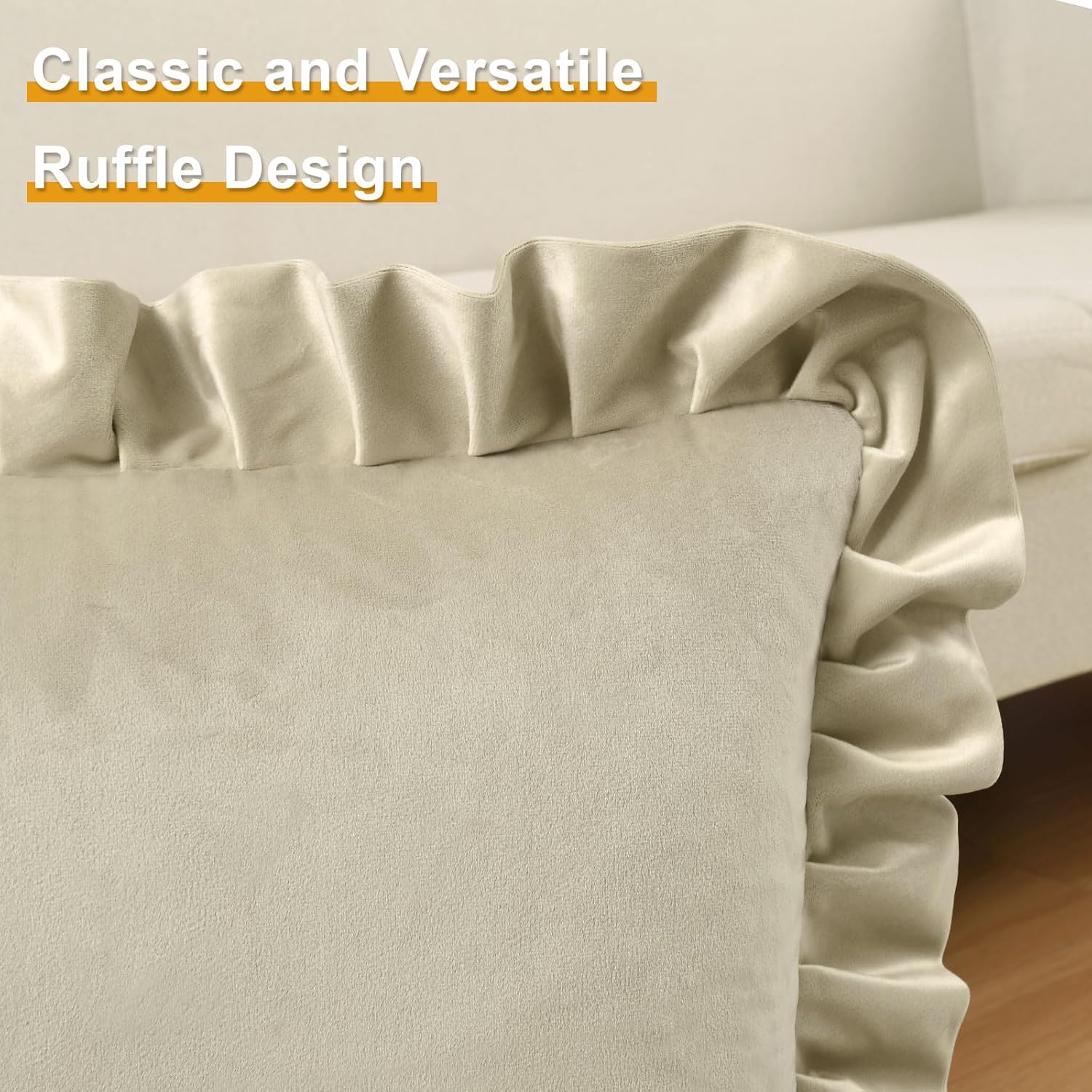 JIUZHEN Beige Velvet Throw Pillow Covers 22x22 for Couch Sofa Livingroom Bed, Decorative Square Throw Pillow Covers with Ruffles, Set of 2