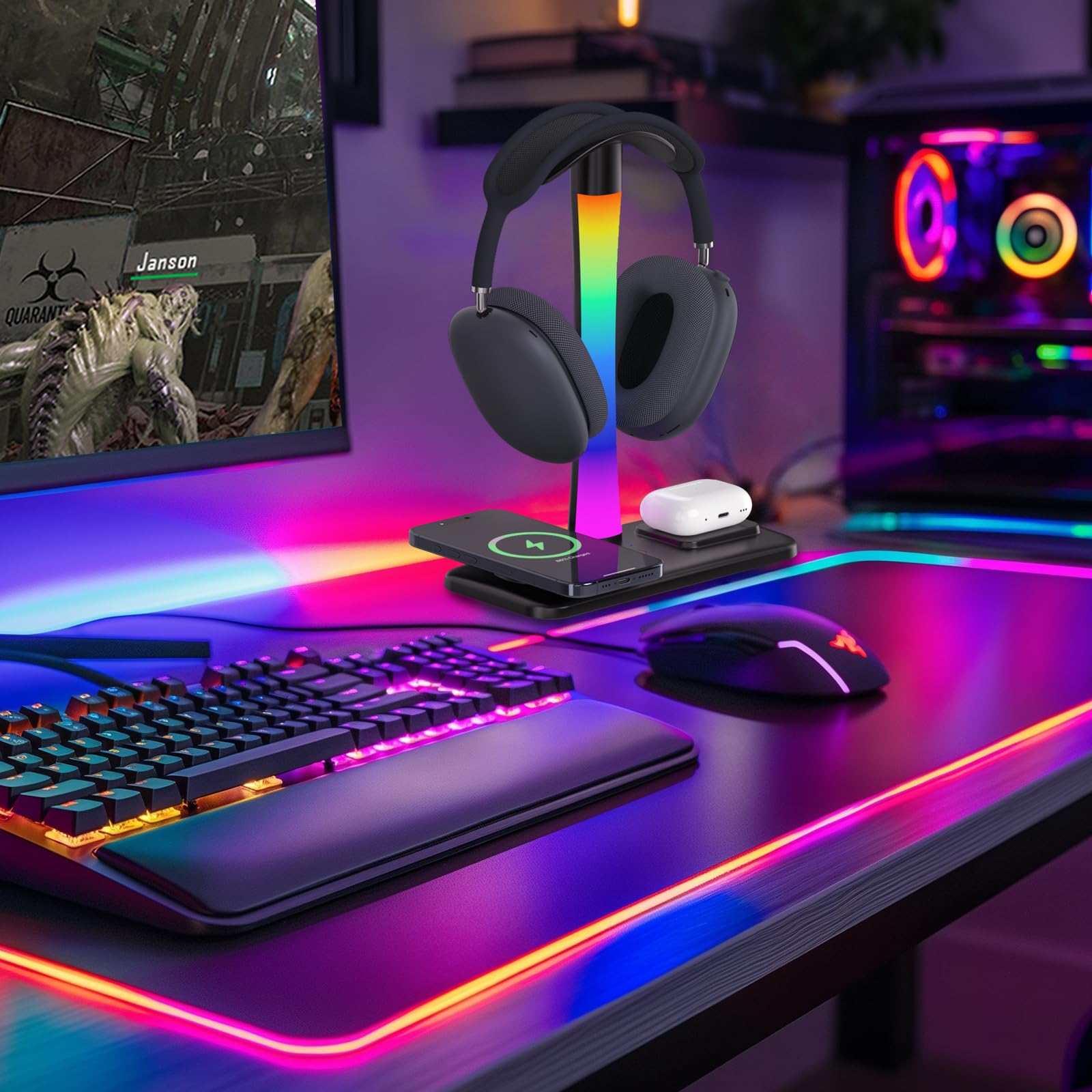 Supporto Per Cuffie con Caricabatterie Wireless,Suppor to Per Cuffie Da Gioco con Luce RGB,Supporto Per Airpod Max Compatibile con Airpod Pro/3/2,iPhone 16/15/14/13/12/11,Regali per Uomini Do (Nero)