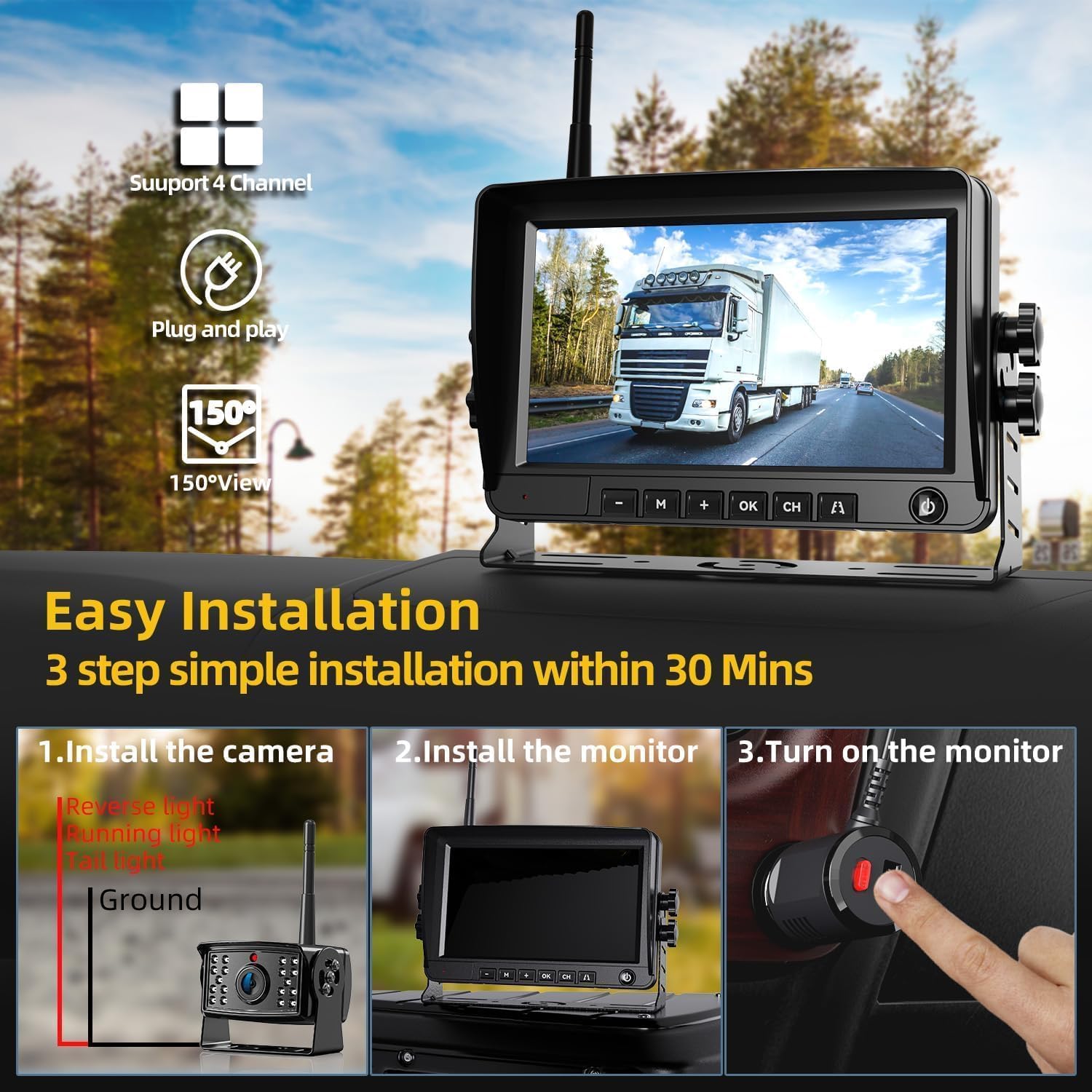 7" Wireless RV Backup Camera System with BSD Motion Detection: Pre-Wired for Furrion System 1080P DVR Recording IR Night Vision IP68 Waterproof Wireless Backup Camera for Truck,Pickup,Trailer,Cars