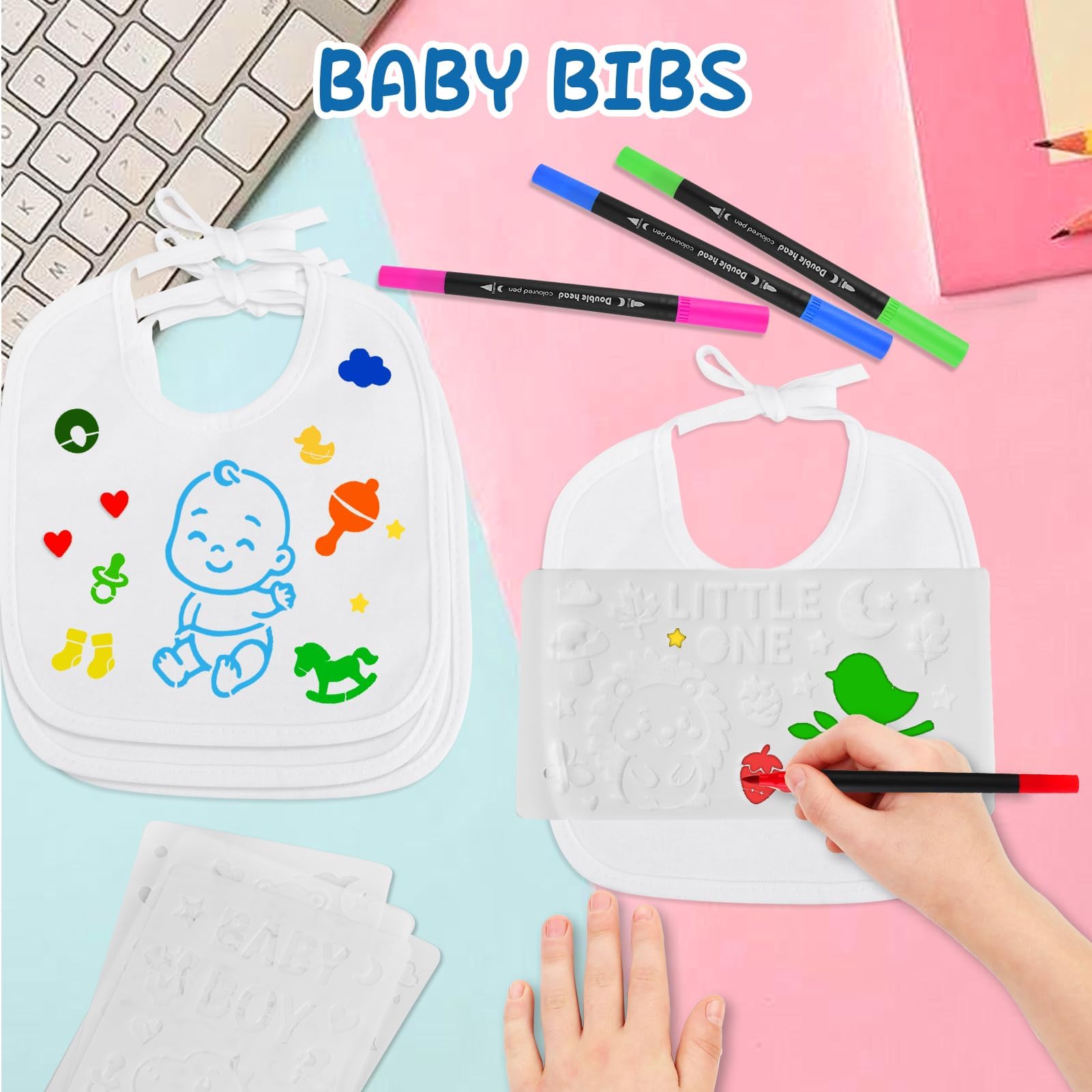 Wriligel Baberos de bebé para pintar 22x18 cm, DIY baberos bebé personalizados, juego de 15 baberos de algodón con 12 rotuladores acuarelables y 20 plantillas, regalo creativo para baby shower