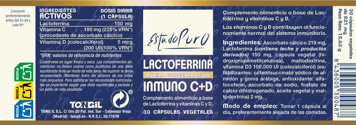 Lactoferrina Inmuno C+D Estado Puro, 30 Cápsulas, Pack de 3 | Lactoferrina con Vitaminas C y D, Fórmula Inmunitaria, Alta Concentración, Microbiota y Apoyo a las Defensas