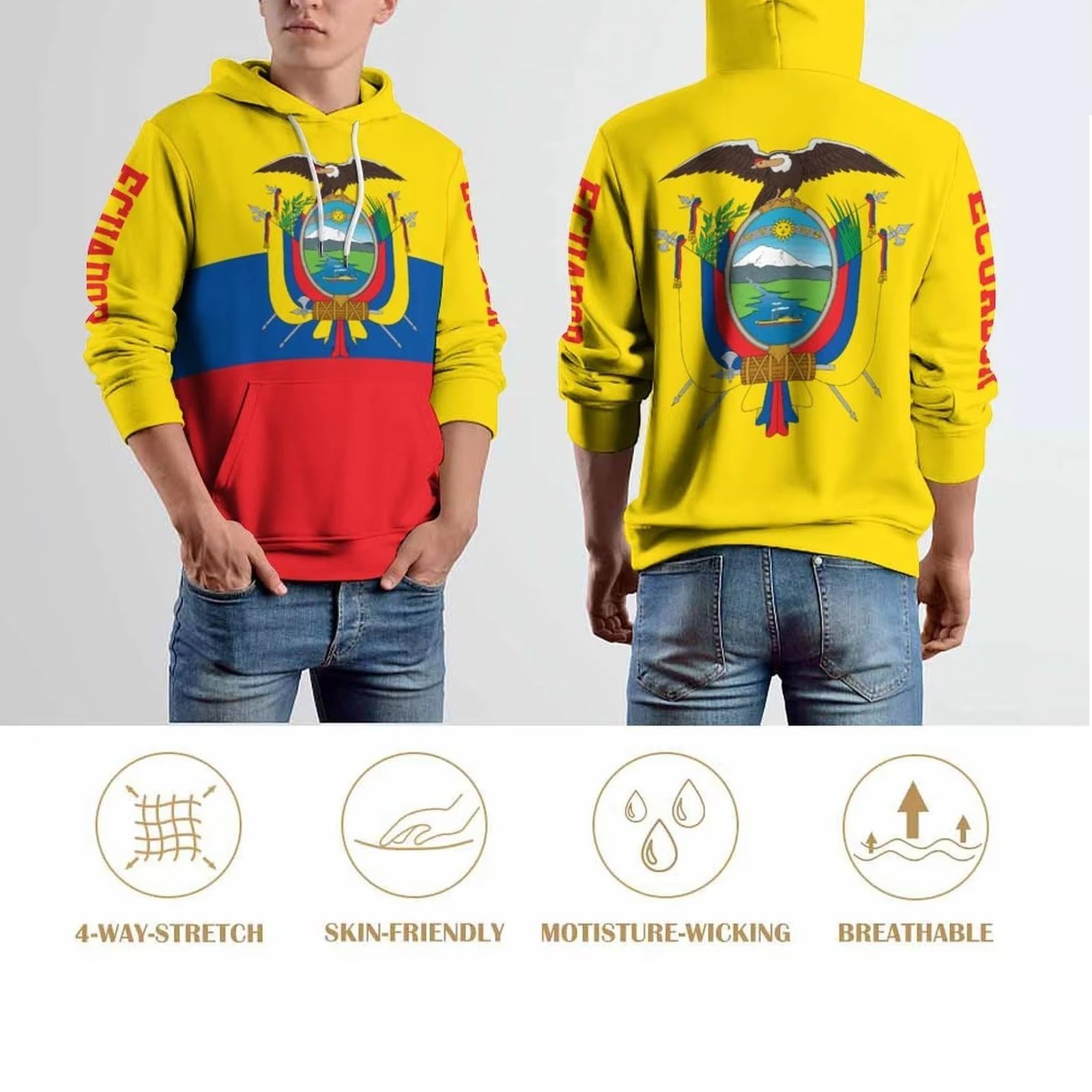 Felpa con Cappuccio da Uomo con Stampa Bandiera Ecuador, Stile Hip Hop Streetwear, Manica Lunga, Casual, Girocollo, Unisex, Stemma, con Cappuccio, Abbigliamento Sportivo, per L'Allenamento