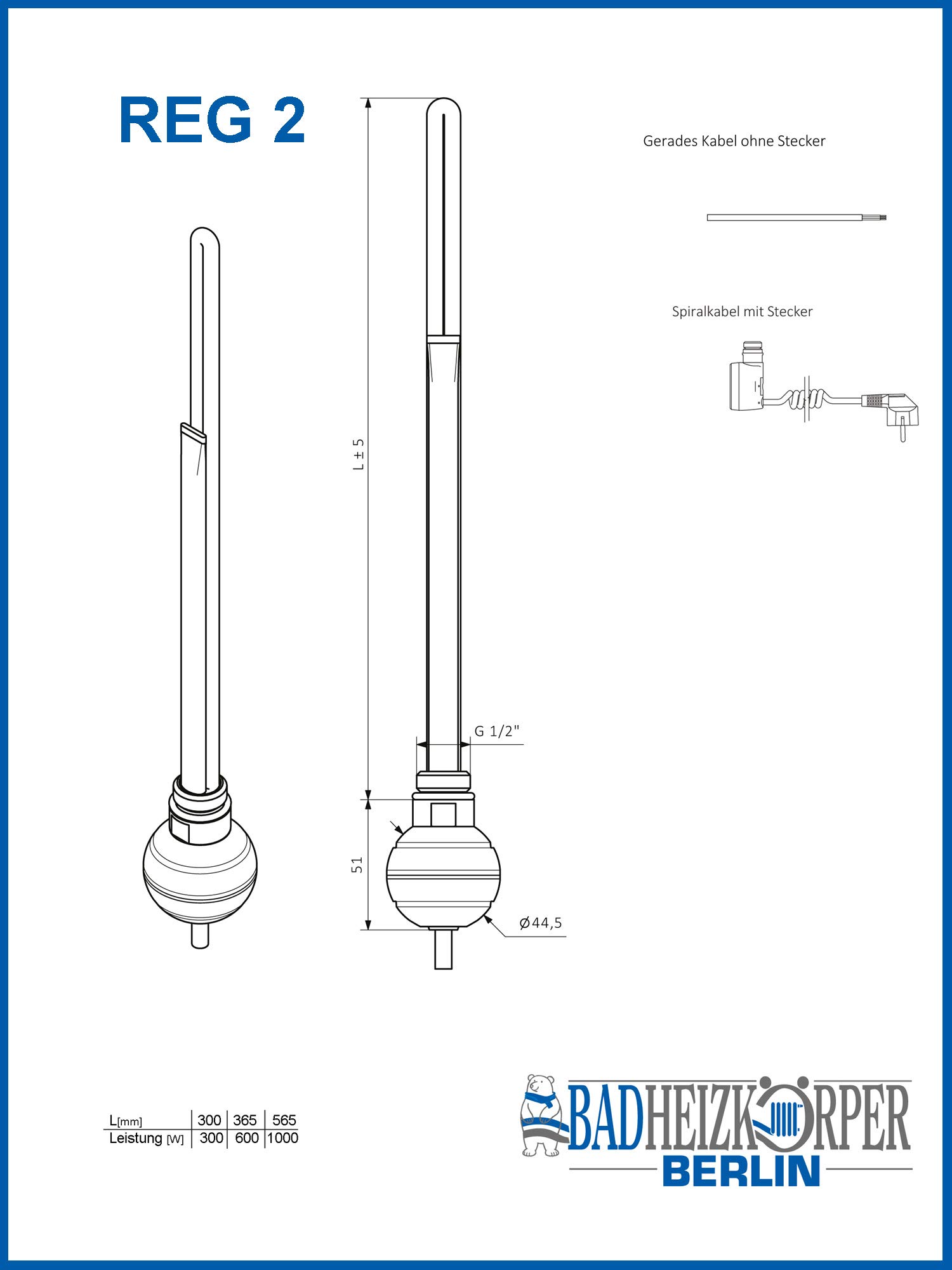 Termostat grzałka, wkład grzejny, element grzejny do grzejników łazienkowych REG2 600 W, prosty kabel bez wtyczki (biały)
