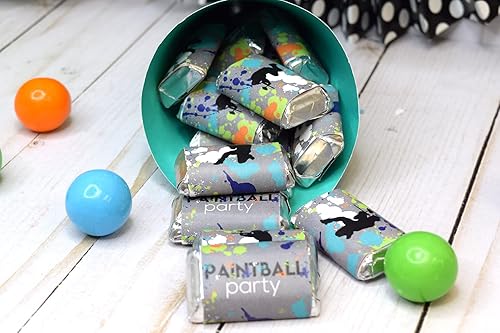 Miniatura 4 de AmandaCreation - Mini calcomanías de barra de caramelo de chocolate con temática de paintball con salpicaduras para niños, 45 etiquetas envolventes