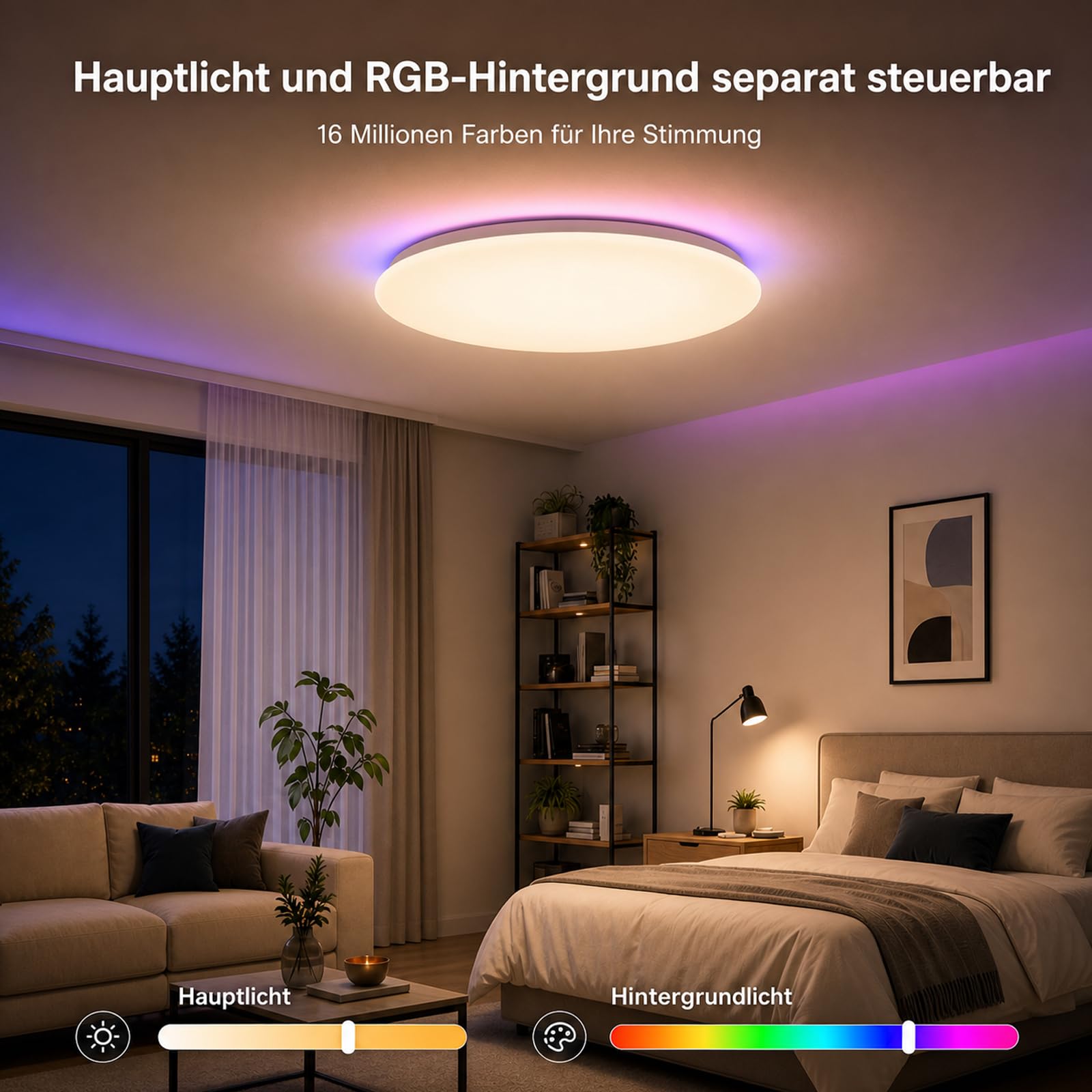 Yeelight Smart Deckenlampe 50cm, 4500LM 50W Dimmbar LED Deckenleuchte mit separatem RGB-Licht, Schnellmontage, 16M DIY Farben, 2700K-6500K, Kompatibel mit Alexa & Google, App/Fernbedienung Große Lampe