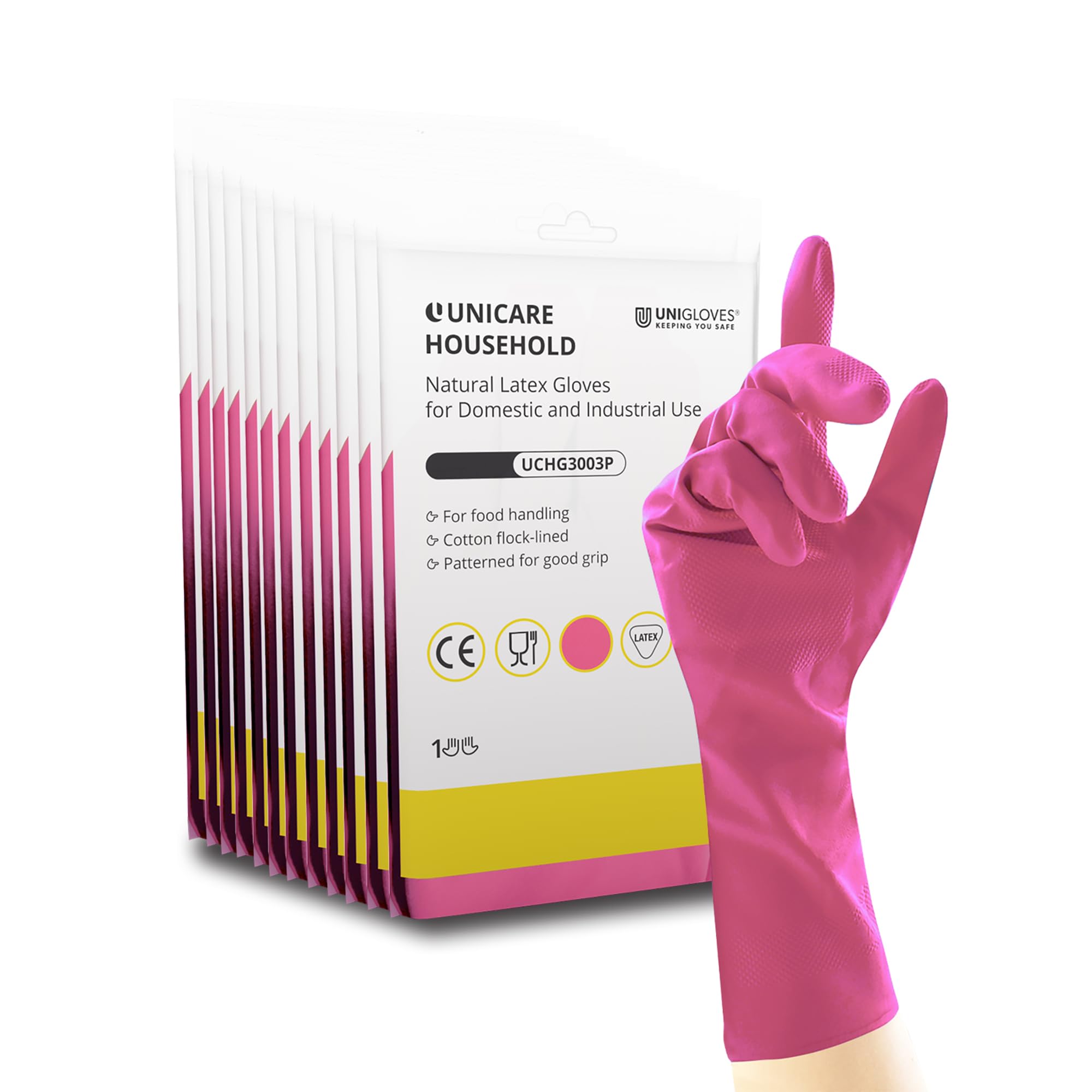 UNIGLOVES Unicare Household Pink - Latex Reusable Household Gloves for Cleaning, Washing up and Food Processing - 12 Pairs - Size S