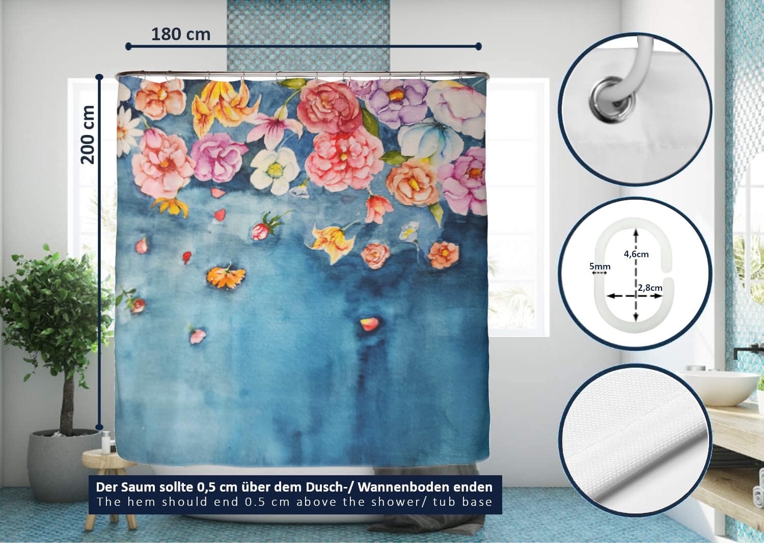arteneur® - spadające kwiaty - antypleśniowa zasłona prysznicowa 180 x 200 cm, standard Öko-Tex 100, obciążone obszycie, nieprzejrzysta, wodoszczelna, nadaje się do prania, 12 pierścieni