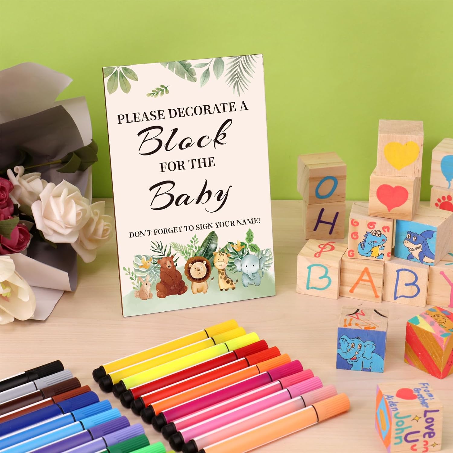Baby Shower Games Kit with 50 Baby Shower Blocks 24 Markers, and Game Sign | Baby Blocks for Baby Shower, Gender Reveals Party(Animal)