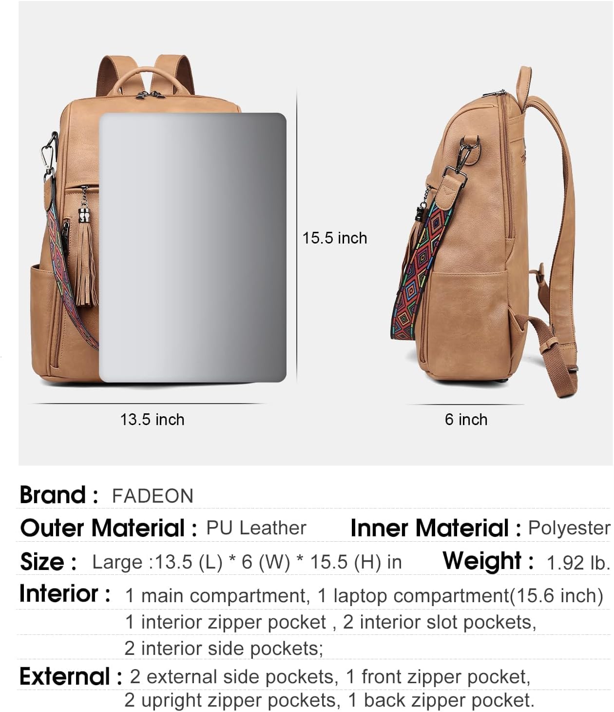 FADEON Leather Laptop Backpack for Women Designer 15.6 inch PU Laptop Bag, Ladies Travel Computer Work Backpack Camel Brown - Image 3