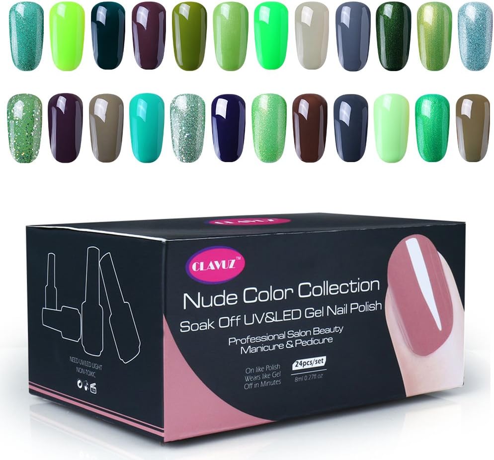 CLAVUZ Gel Nail Polish Kit 24PCS Soak Off UV Gel Varnish Green Shamrock Decor Salon Beauty New Starter Set