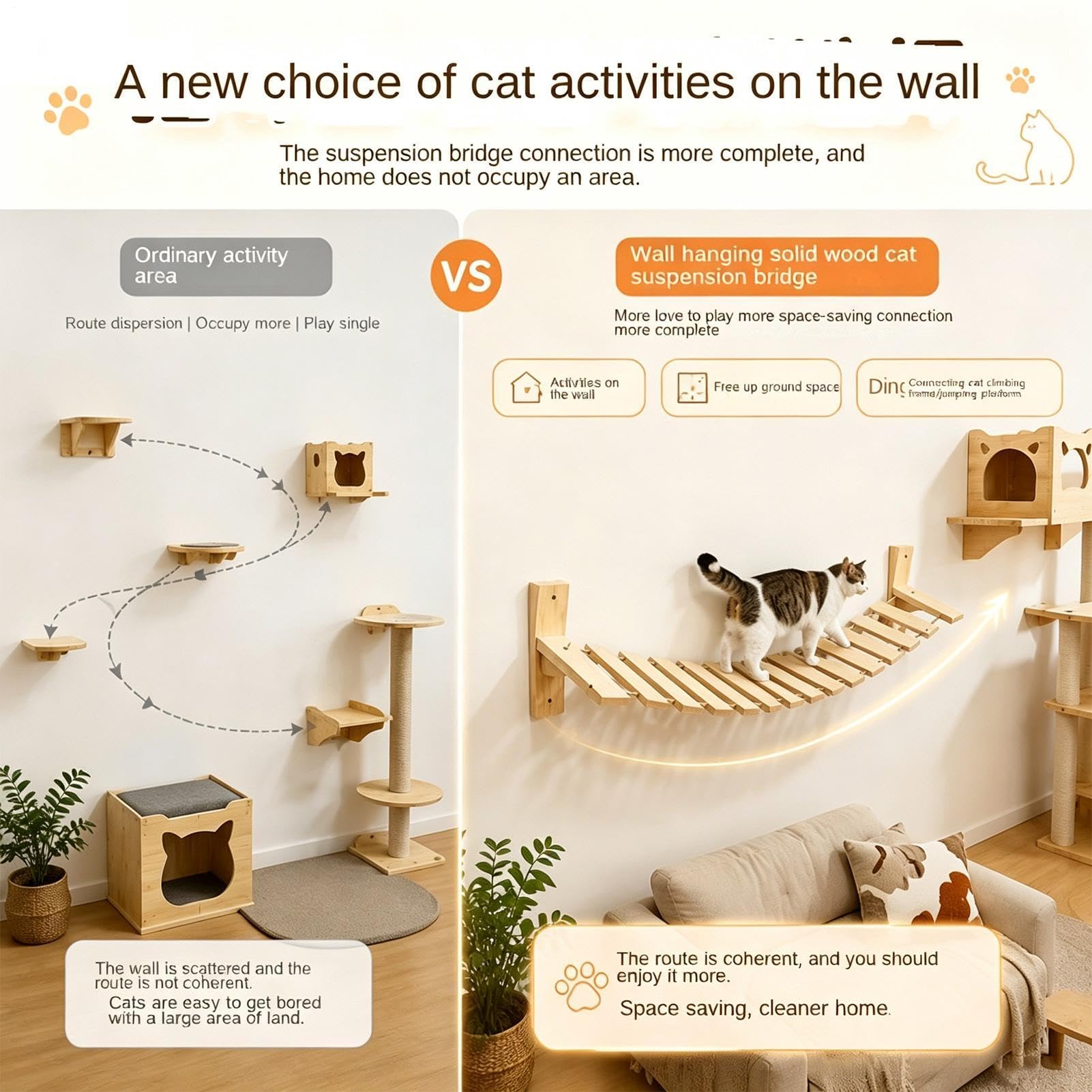 Wall Mounted Cat Bridge - Wooden Activity Center, Indoor Kitten Climbing