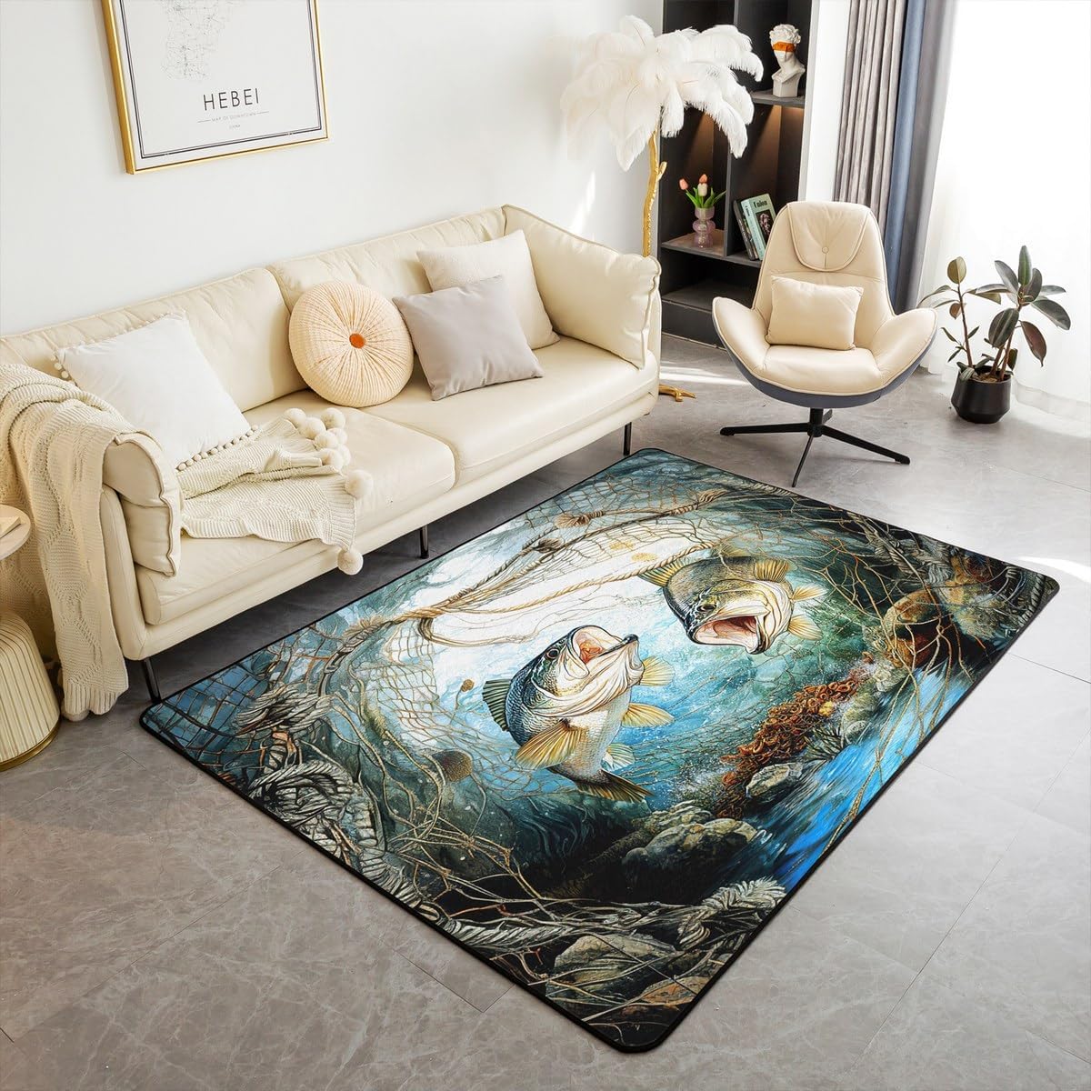jejeloiu Fishing and Hunting Area Rug 3x5,Bass Fish Fishing Living Room Rugs Farm Rustic Decorative Carpet,Indoor Floor Mat