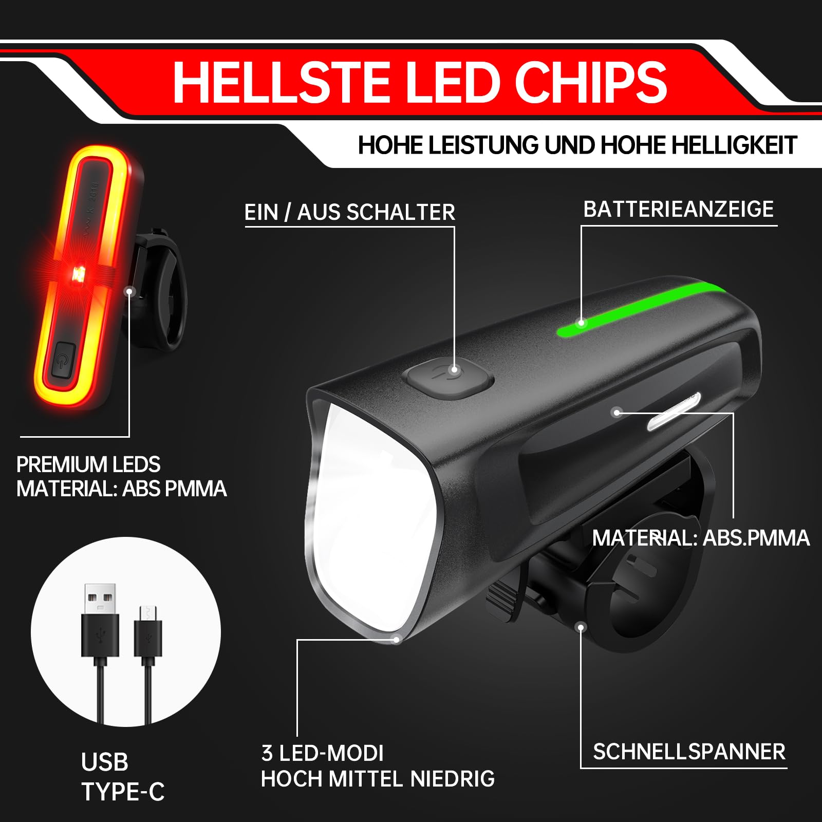 BOLEi Set di luci a LED per bicicletta, 100 lux, omologate StVZO, illuminazione per bicicletta, ricaricabile, IPX5, impermeabili, batteria (luce anteriore + luce freno posteriore)