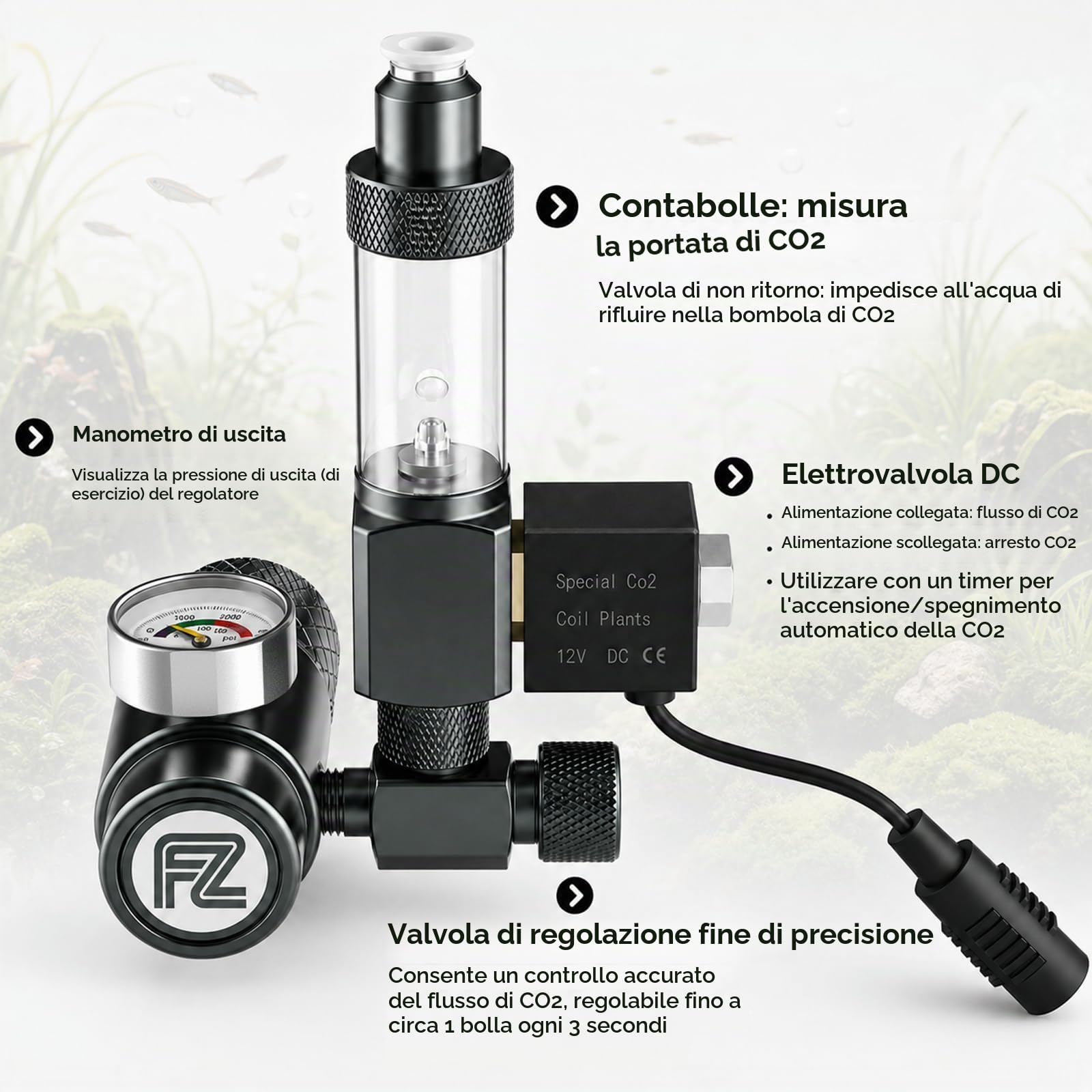FZONE Kit Regolatore CO₂ per Acquario（W21.8）, Sistema CO₂ Compatto con Diffusore, Elettrovalvola DC Aggiornata e Contabolle con Valvola di Non Ritorno, per Sistemi CO₂ in Acquari di Piante Acquatiche