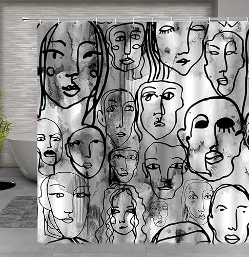 Black White Grey Shower Curtain Abstract Face Ink Painting Art Contemporary Minimalist Aesthetic Graffiti Hippie Modern Fashion Bathroom Curtains Bathtub Decor with Hooks