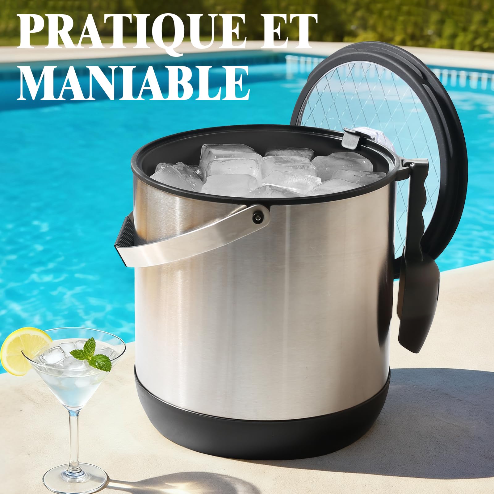 Seau a glacon en acier inoxydable de 6,8 litres avec couvercle et pelle, seau a glacon isotherme double paroi pour les bars à cocktails et les fêtes, sans BPA