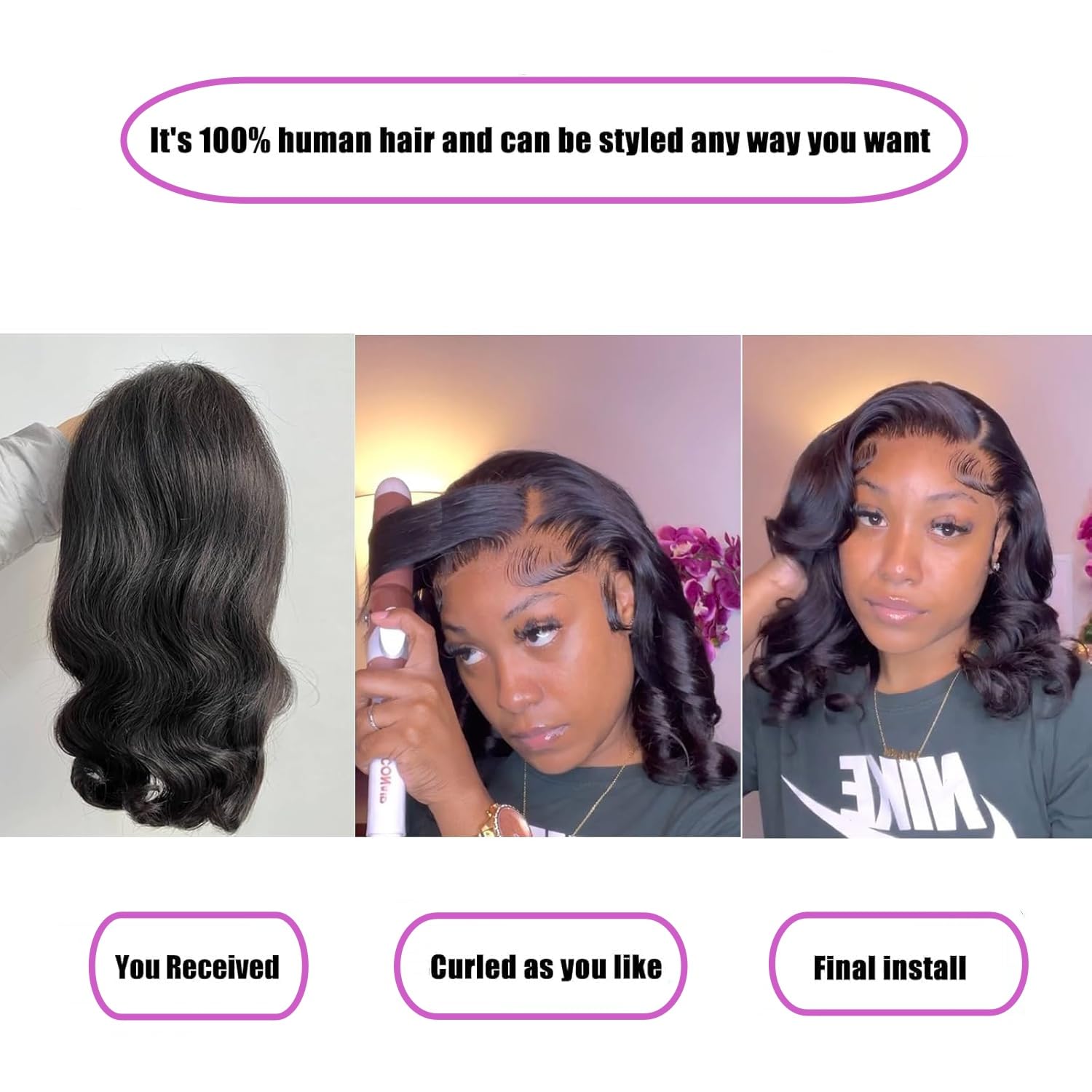 Bob Wig Human Hair 13x4 Frontal Lace Wig 16 Inch Body Wave 180% Density HD Lace Front Wigs Human Hair Pre Plucked Bob Wigs for Women Natural Black - Image 3