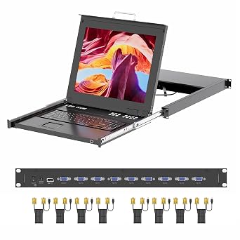 1U Rack Mount KVM Console w/17" LCD Monitor, VGA KVM Switch 8 Port w/Cables, Keyboard Touchpad, Support Hot-Key, OSD Switch, Fits 23.631.8" Rack Depth, Support 1280*1024