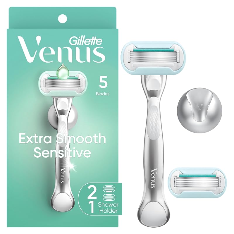 Gillette Venus Extra Smooth Sensitive Aparelho de Barbear com Cabo Metálico, Suporte para Chuveiro e 2 Recargas