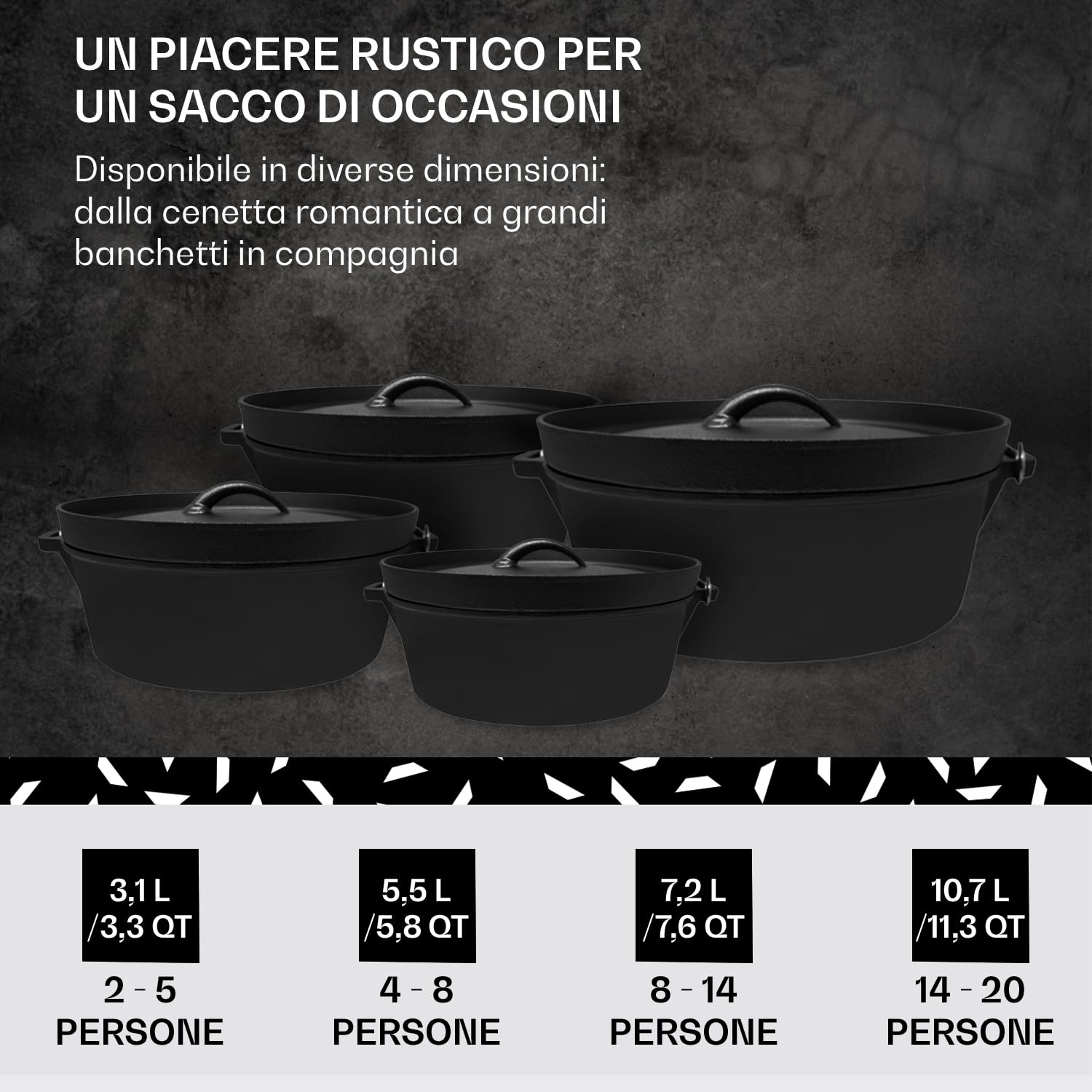 ToCi Dutch Oven Pre-Stagionato, Forno Olandese con Coperchio in Ghisa, Casseruola da Campeggio con Leva e Supporto del Coperchio, 10.7 Litri