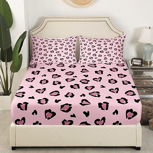 Miniatura 2 de Erosebridal Sábanas de tamaño matrimonial con estampado de leopardo rosa para niños y niñas, juego de ropa de cama de microfibra para todas las