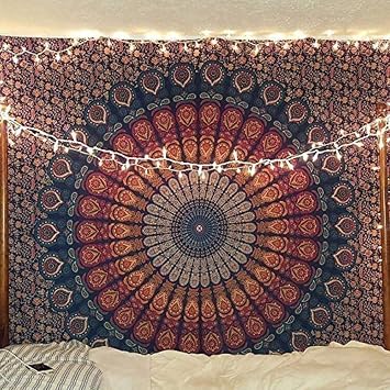 RAJRANG Cotton Peacock Mandala Tapestry Bohemian Wall Hanging Hippie Bedspread Bed Sheet Picnic Beach Cloth Decorative Throw for Living Room Bedroom Golden Blue 213x230 cm