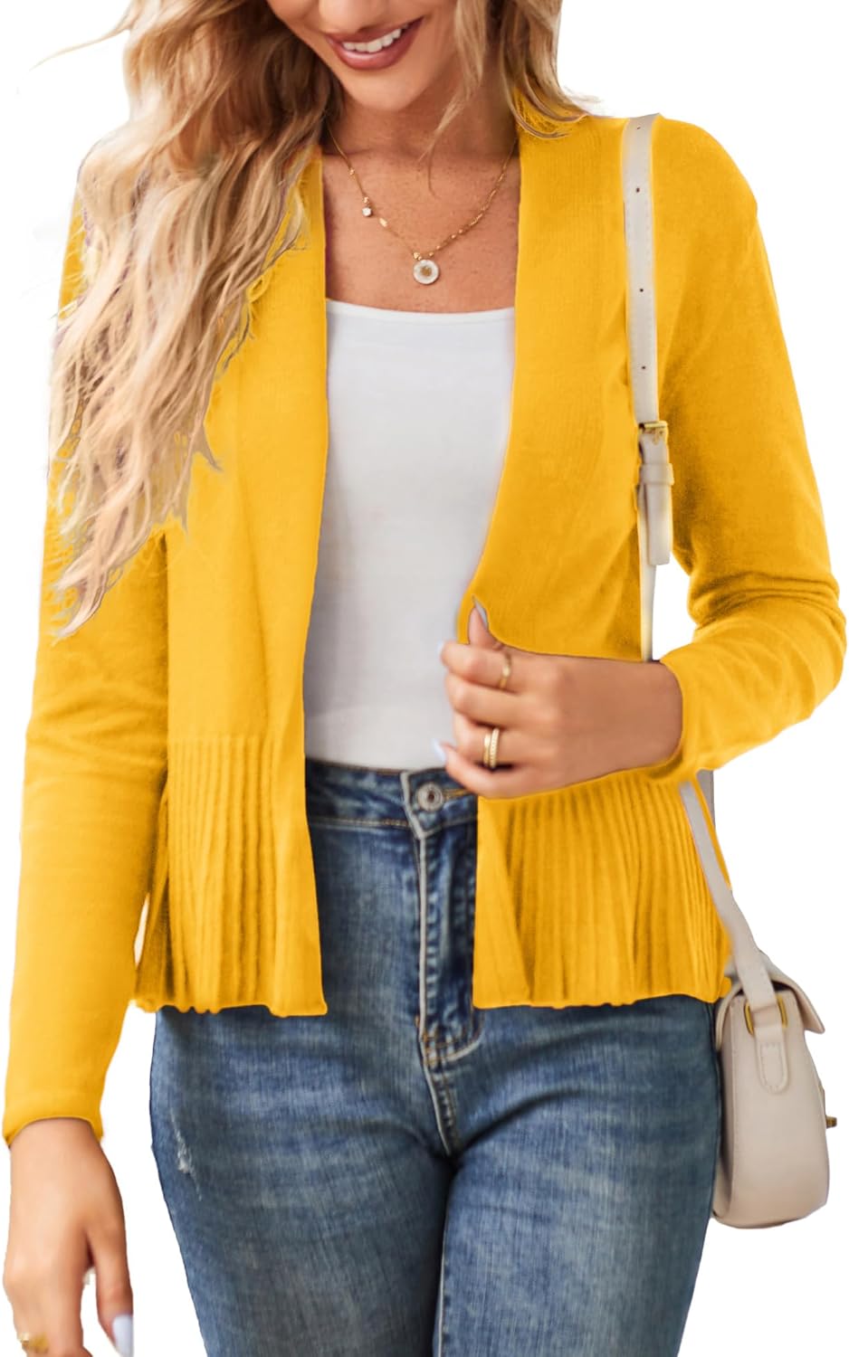 GRACE KARIN Women's Lightweight Draped Open Front Cropped Cardigan Long Sleeve Sweaters Peplum Knit Tops