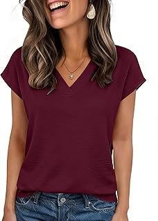 Blusa de manga corta con textura y cuello en V para mujer, trajes casuales de negocios