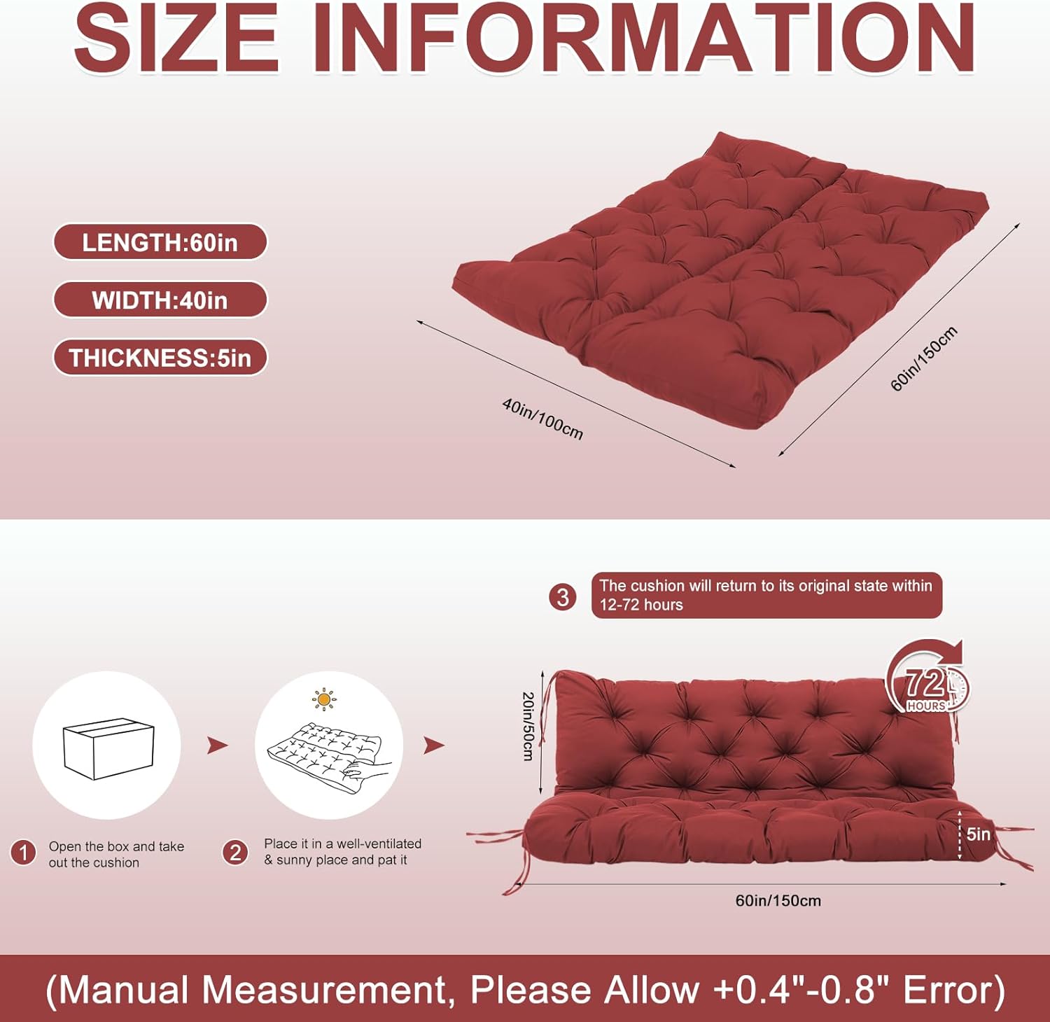 Porch Swing Cushions 60 inch Waterproof & Fade Resistant Thicken 5" Outdoor Swing Cushions 3 Seater Replacement with Backrest & Ties Patio Swing Cushions for Outdoor Furniture (Wine Red)