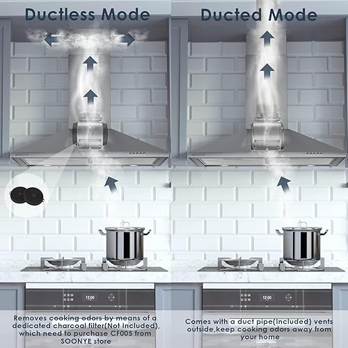 Miniatura 5 de Campana extractora de 450 CFM de 30 pulgadas, campana de ventilación de montaje en pared de acero inoxidable, convertible a sin conductosconductos