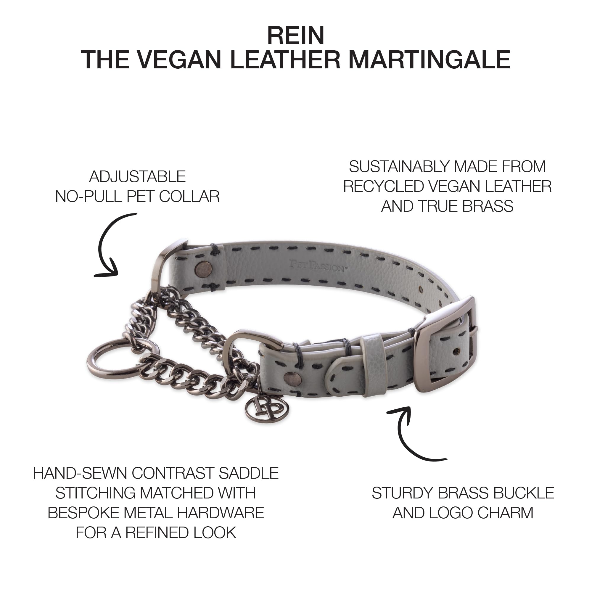 Pet Passion Rein - Collar Ajustable de Cuero Vegano Martingale sin tirones para Entrenamiento de Mascotas, para Cachorros, Perros pequeños, medianos y Grandes, Gris, Grande