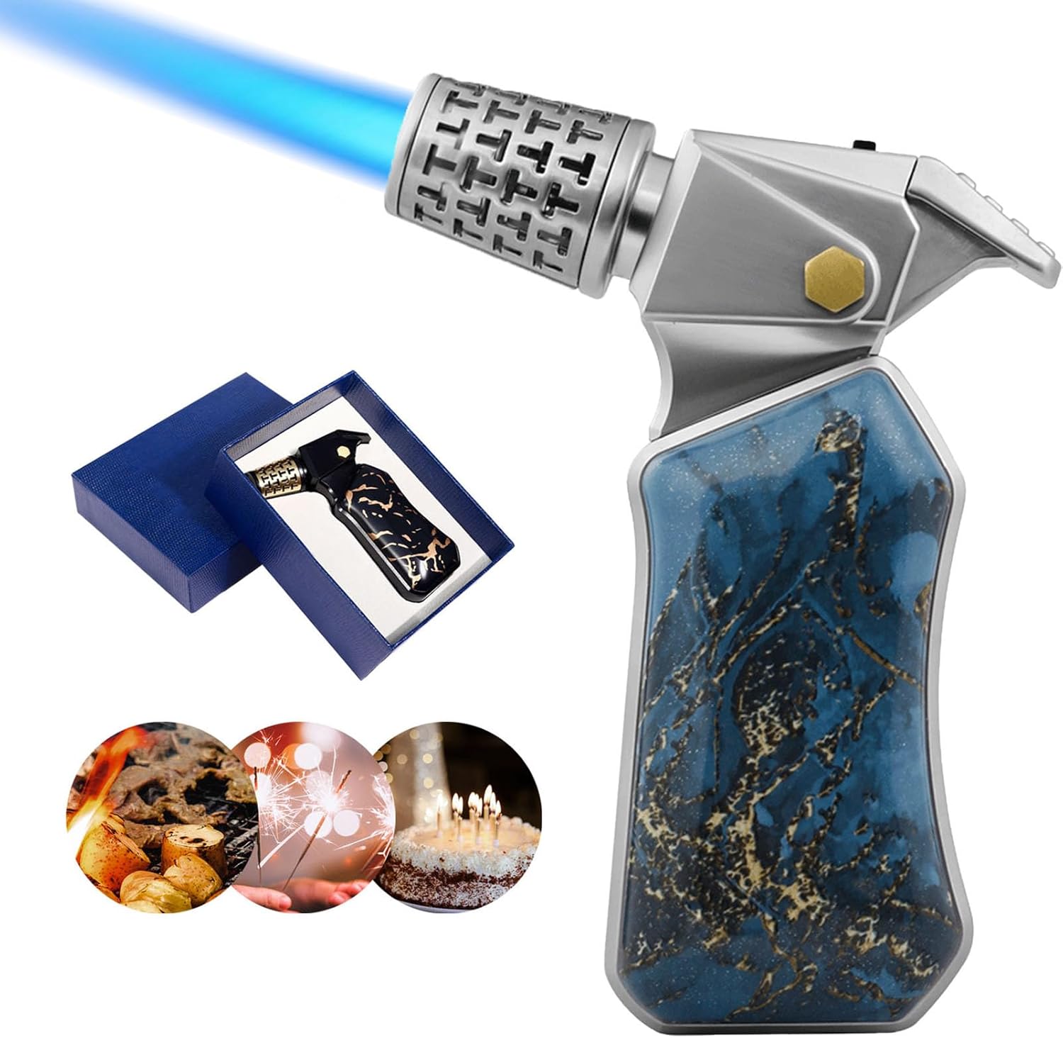 Butane Torch Lighter, Adjustable Refillable Torch Lighters with Safety Lock, Windproof Butane Torch, Multifuctional Outdoor Cooking Torch Lighter for Candles Fireplaces (Butane Not Included)(Color:B)