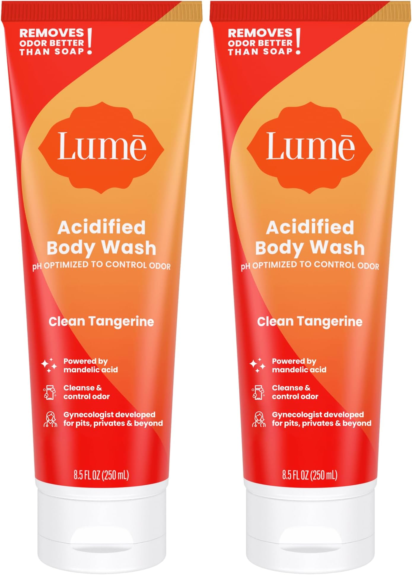 Lume Acidified Body Wash - 24 Hour Odor Control - Removes Odor Better than Soap - Moisturizing Formula - Formulated Without SLS or Parabens - OB/GYN Developed - 8.5 ounce (Pack of 2) (Clean Tangerine)