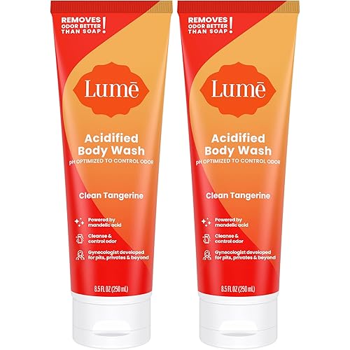 Lume Acidified Body Wash - 24 Hour Odor Control - Removes Odor Better than Soap - Moisturizing Formula - Formulated Without SLS or Parabens - OB/GYN Developed - 8.5 ounce (Pack of 2) (Clean Tangerine)