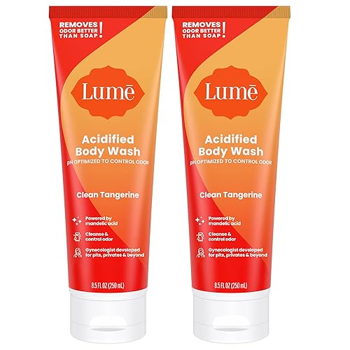 Lume Acidified Body Wash - 24 Hour Odor Control - Removes Odor Better than Soap - Moisturizing Formula - Formulated Without SLS or Parabens - OB/GYN Developed - 8.5 ounce (Pack of 2) (Clean Tangerine) - Clean Tangerine - 8.5 Ounce (Pack of 2)