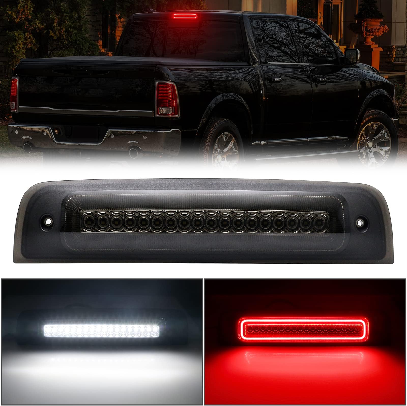 R&F Auto LED Strobe Third Brake Light Compatible With Ram 1500 2500 3500 4500 5500, 2010-2018, F1 Style Red Flash Smoked High Mounted Stop Lights with Seal Foam Gaskets Roof Cargo Lamp Pickup Truck