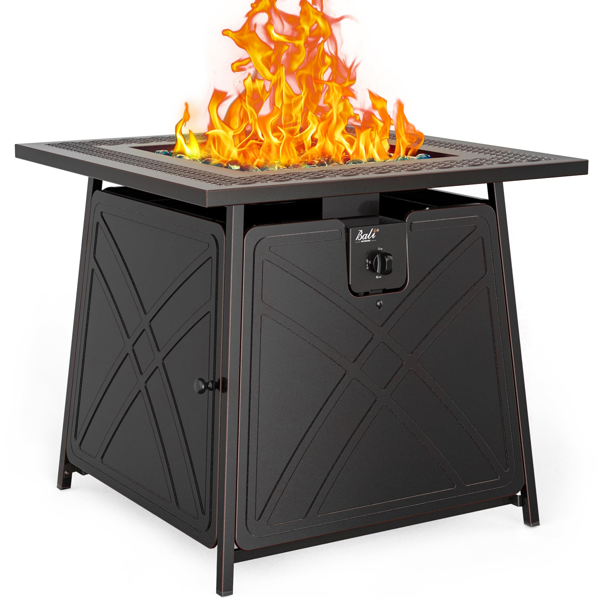 BALI OUTDOORS Gas FirePit Table, 28 inch 50,000 BTU Square Outdoor Propane Fire Pit Table with Lid and Blue Fire Glass