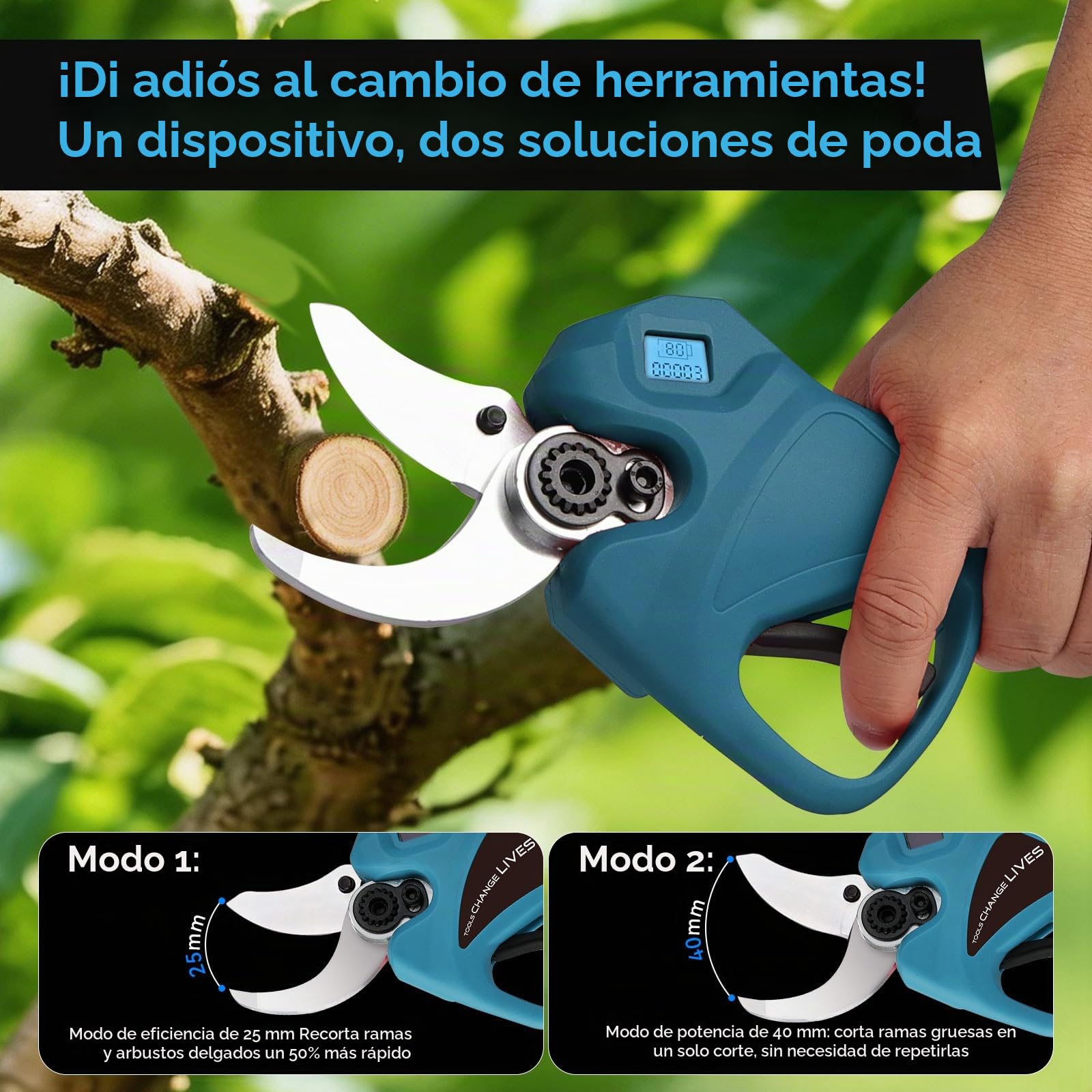 Tijeras de Podar Eléctricas, 40mm 2 Baterías 21V 2.0Ah con Palo Telescópico 244cm y Tijeras de Podar Batería para Ramas Altas y Jardín