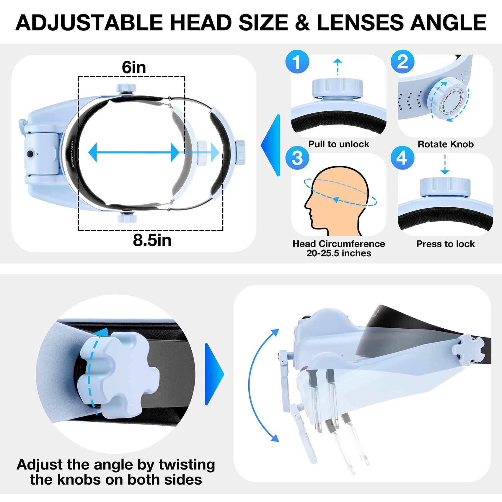Dilzekui Lupa con luz, lupas para trabajos cercanos 1X-14X, auriculares con lupa con 2 luces desmontables, carga USB C mejorada integrada de 500 mAh, apto para manualidades, pasatiempos, punto de cruz