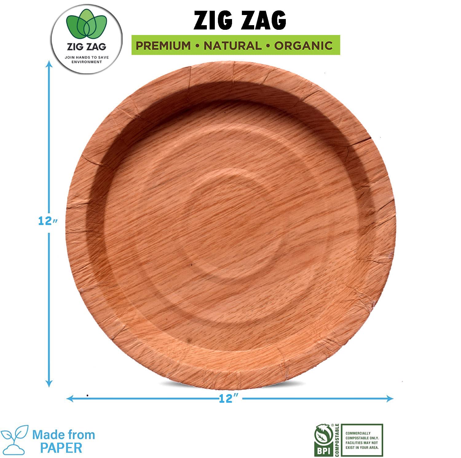 zig zag 100% kompostowalne, przyjazne dla środowiska, 30 cm, jednorazowe talerze, wytrzymałe, biodegradowalne talerze papierowe, okrągłe opakowanie (100)