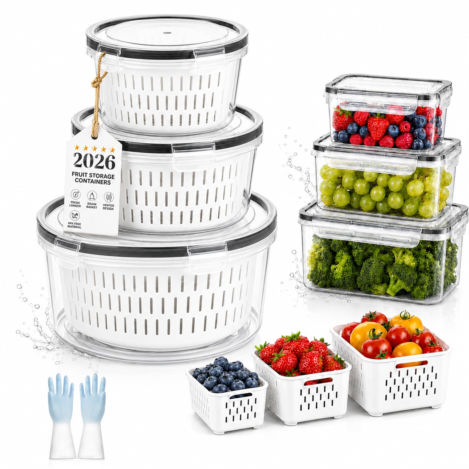 4-In-1 Fruit Strainer Container, Berry Storage Containers for Fridge with Removable Colander & Lid, Airtight Fresh Food Storage Containers with Drain Basket for Meat Fruit Vegetables (Round,S+M+L)
