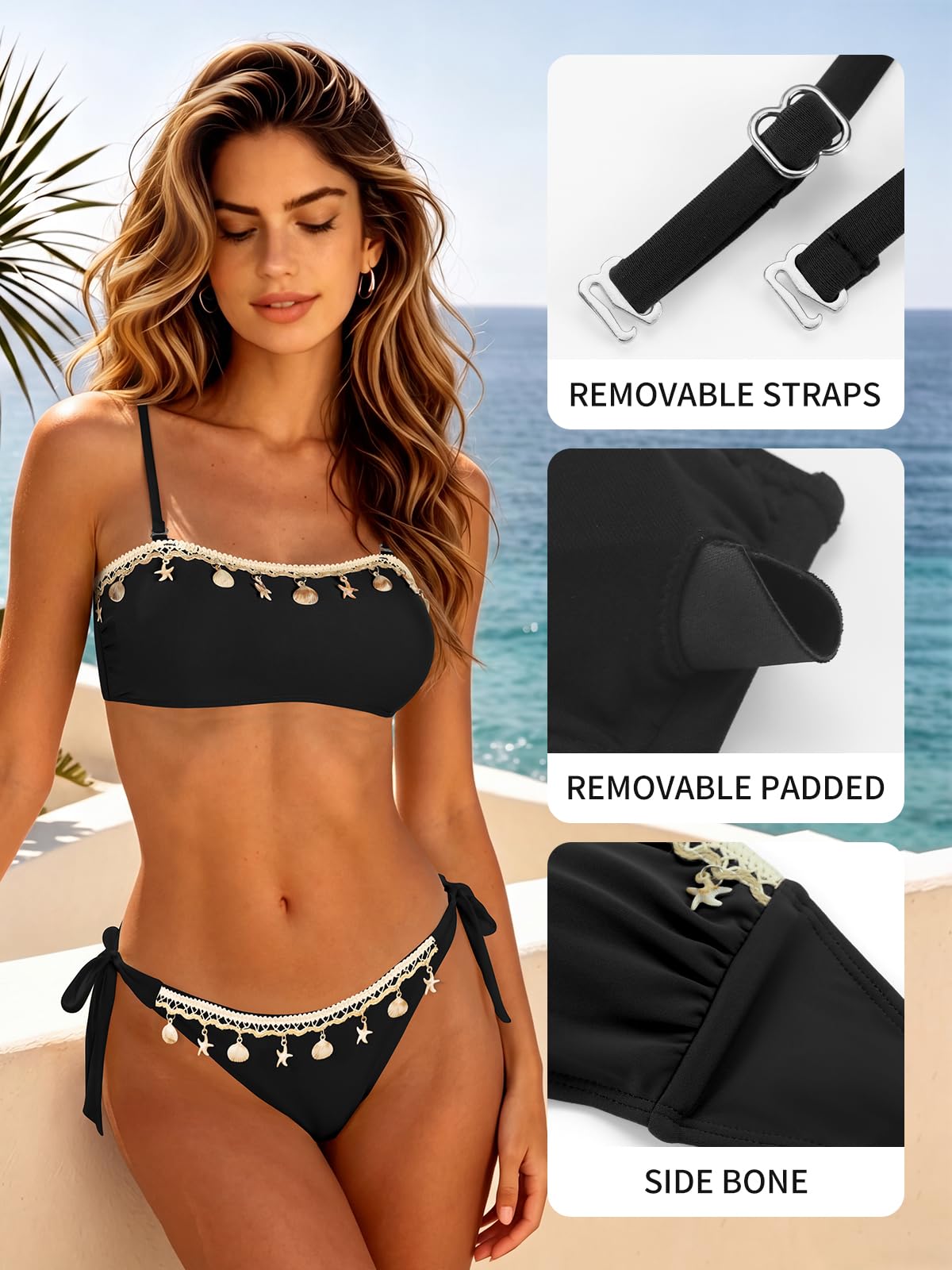 SHEKINI Bikini a fascia da donna, due pezzi, senza spalline, costume da bagno imbottito regolabile con laccetto posteriore