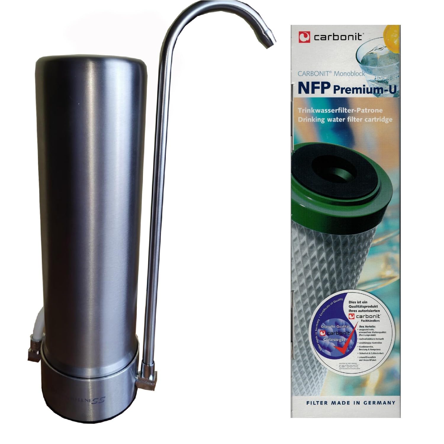 Edelstahlfilter mit Carbonit NFP Premium U Wasserfilter bessere Filterung | Stilvoller Auftischfilter inklusive Carbonitfilter mit sehr guten Filtereigenschaften und 55% mehr Aktivkohle