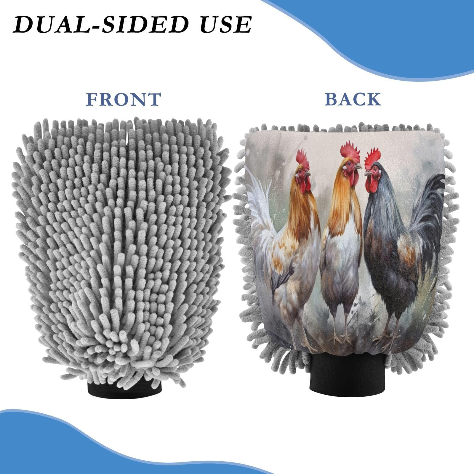 Flradish 2 Pack Vintage Rooster Car Wash Mitt Chenille Microfiber Lint-Free Scratch Free Ultra-Soft Absorbent Car Wash Mitt 11.8x8.07 Inch