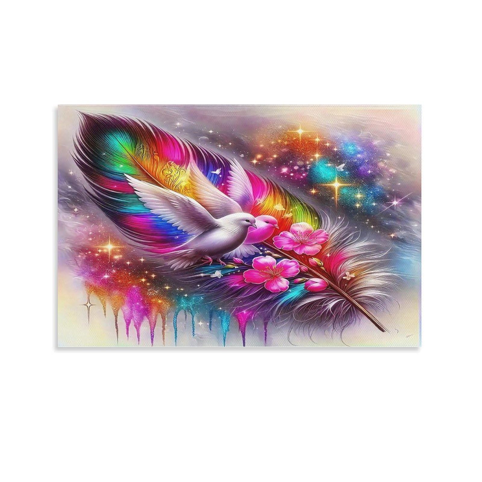 CPLVKWRQJ Snowy Night Love Doves Under Moon Individual White Dove Rainbow Feather Pink Blossoms Wall Art Decor - Kitchen Removable Canvas Wall Art Multi-Purpose Focal Point 16x24inch(40x60cm)